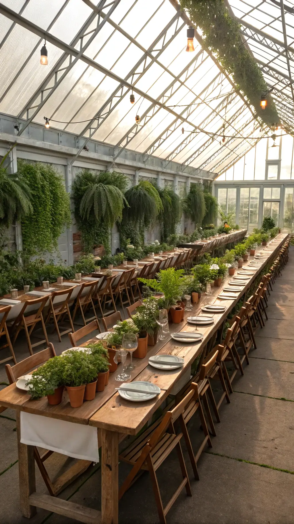 Aerial view of a greenhouse venue with sunlight filtering through glass panels onto parallel farmhouse tables adorned with moss, ferns, trailing vines, and terracotta pots of orchids, set with stoneware, copper flatware, and green glass goblets, surrounded by wooden cross-back chairs.