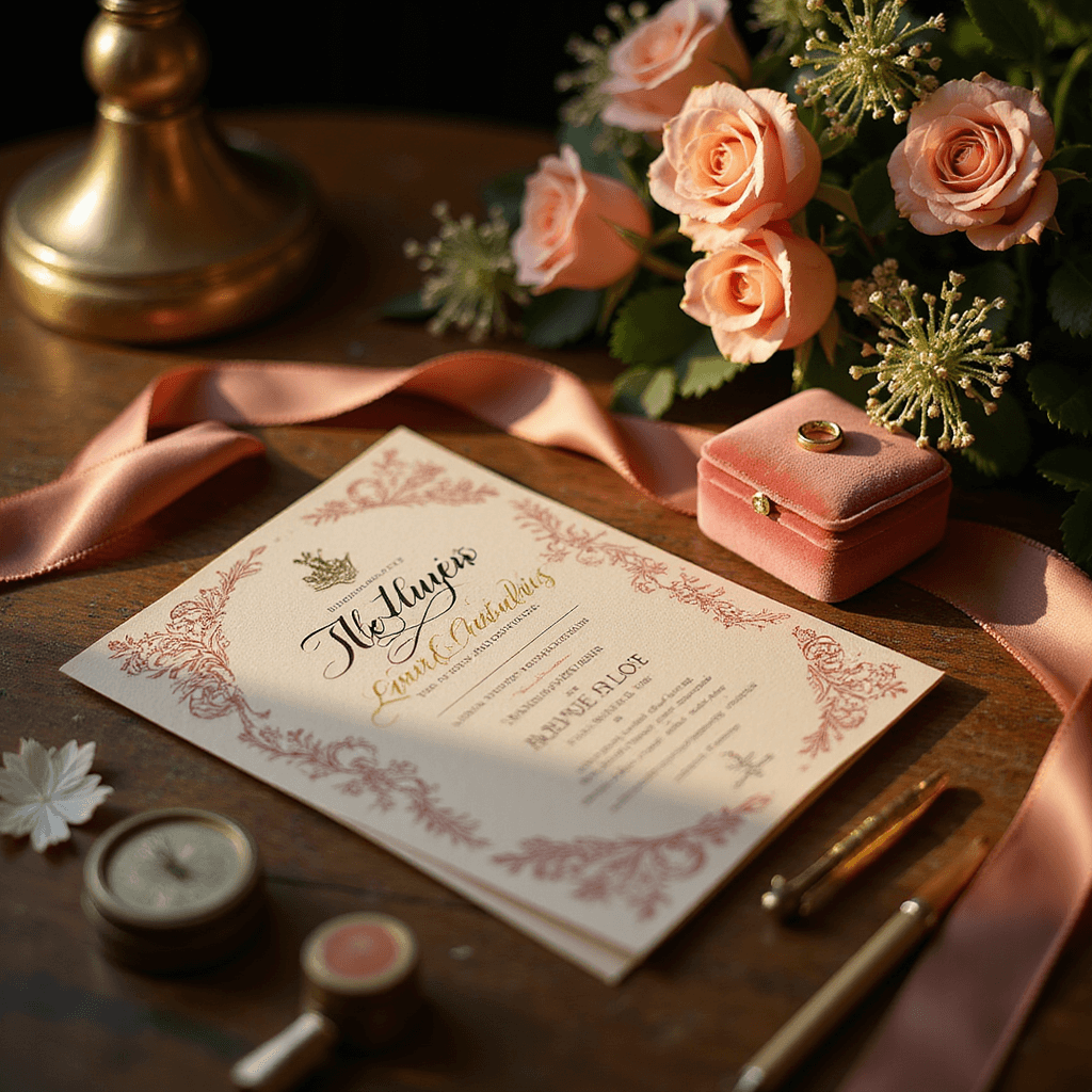 A luxury cartoon invitation suite on a vintage writing desk, lit by golden hour sunlight. The scene features hand-drawn characters and metallic designs, with antique brass paper weights, calligraphy supplies, and blush garden roses. A velvet ring box and silk ribbon add texture.
