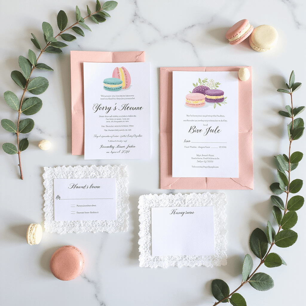 Flat lay photo of cartoon invitation suite on white marble, adorned with eucalyptus, pastel macarons, and lace, highlighting playful designs in natural light.