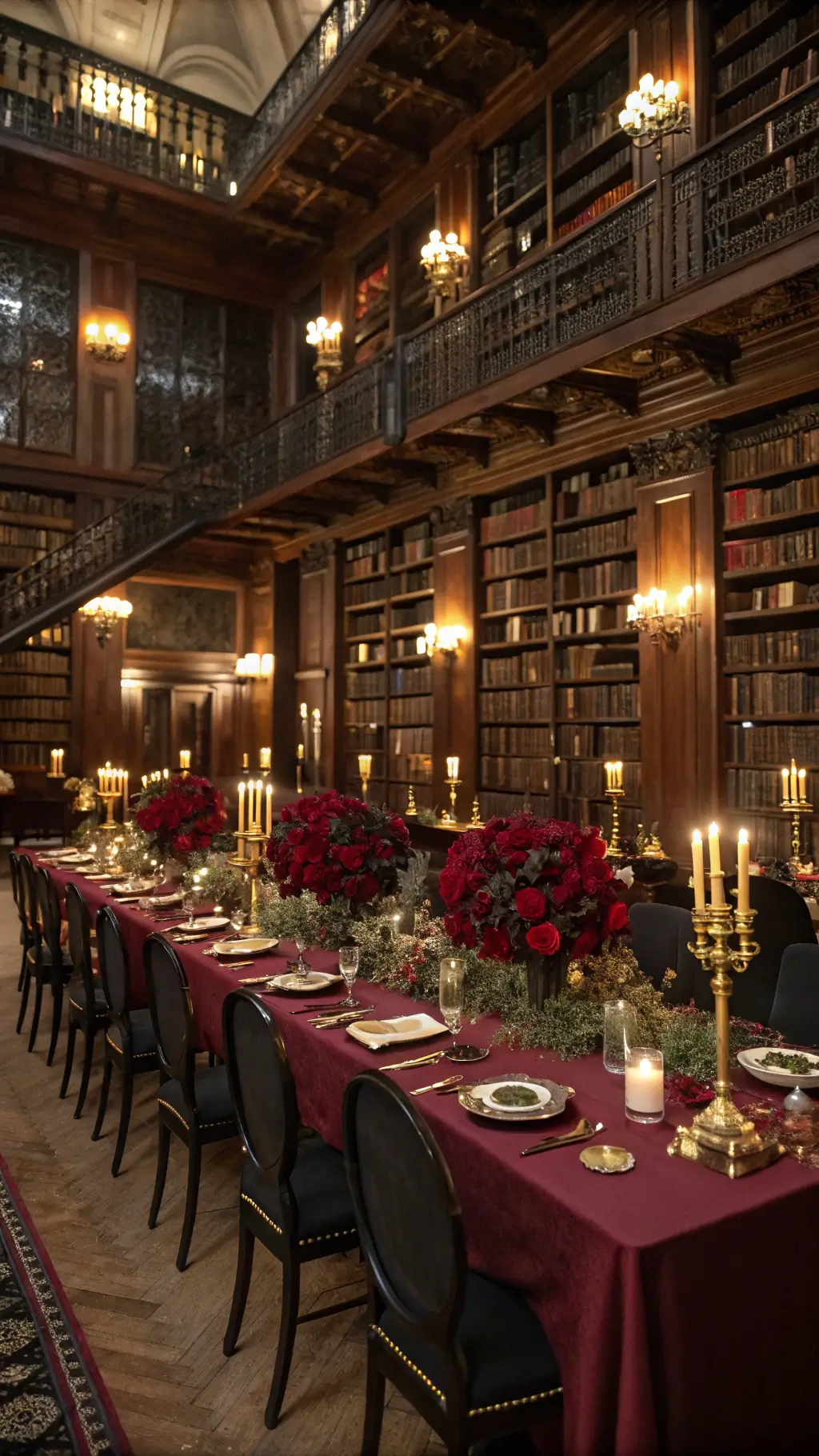 A historic library transformed for an evening gala with burgundy velvet linens, brass candelabras, dark red floral arrangements, and vintage book page runners, captured from a balcony to highlight the candlelit ambiance against towering bookshelf-lined walls and dark wood architecture.
