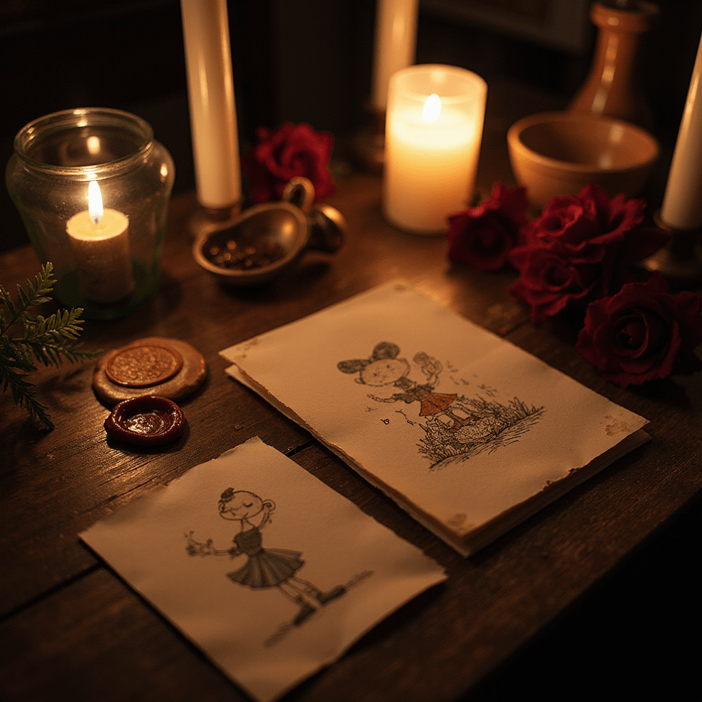A whimsical illustration of cartoon invitations lit by candlelight on a dark wooden table, featuring vintage stamps, sealing wax, aged paper elements, and deep burgundy florals for contrast.