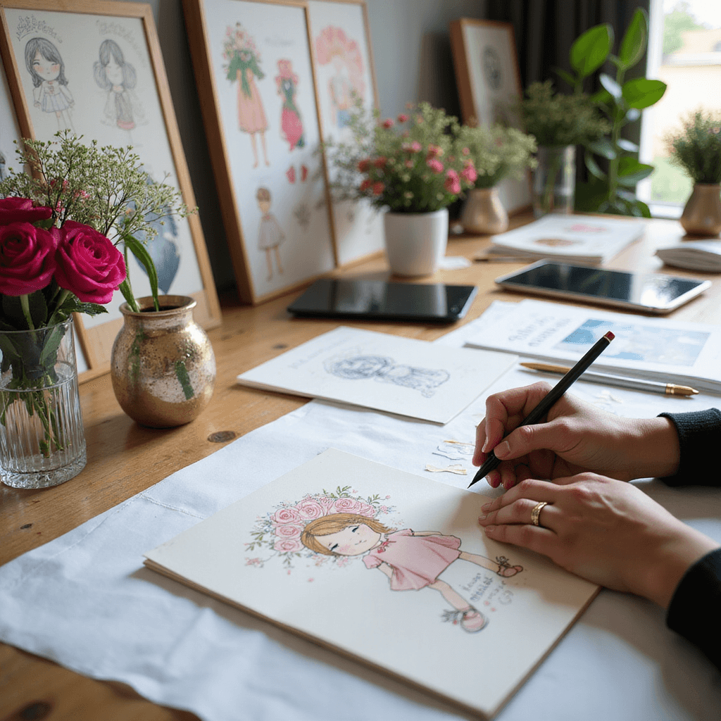 Artist's hands sketching custom characters amid inspiration boards, color swatches, and digital tablets in a modern studio. Fresh flowers and metallic accessories add luxury.