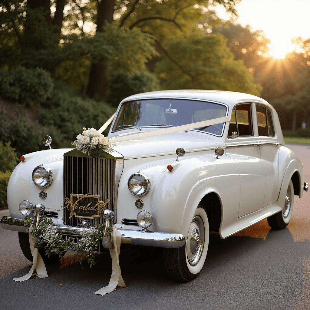 A vintage white Rolls Royce decorated with ivory silk ribbons and a 'Just Married' sign, surrounded by garden roses and baby's breath, captured in soft sunset light with a romantic bokeh effect.
