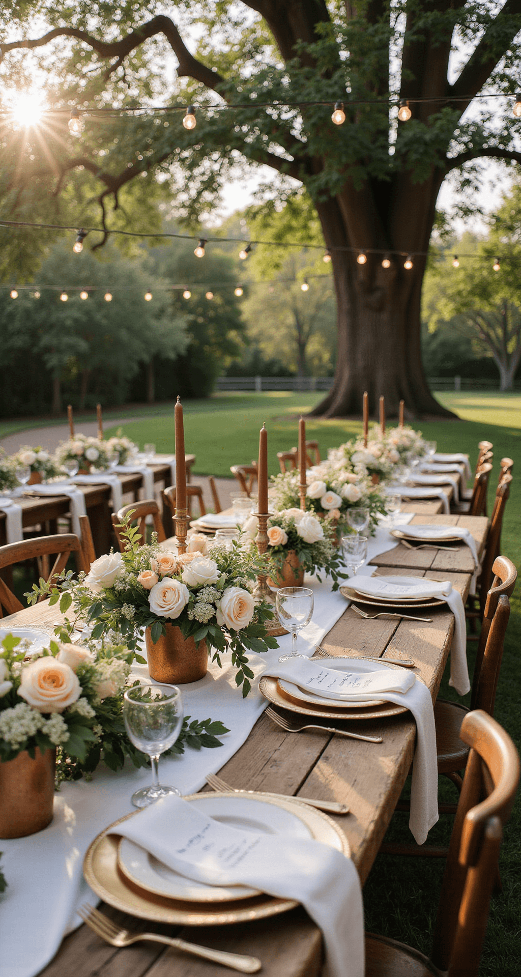 A golden hour garden party with vintage tables and floral arrangements under bistro lights, surrounded by oak trees.