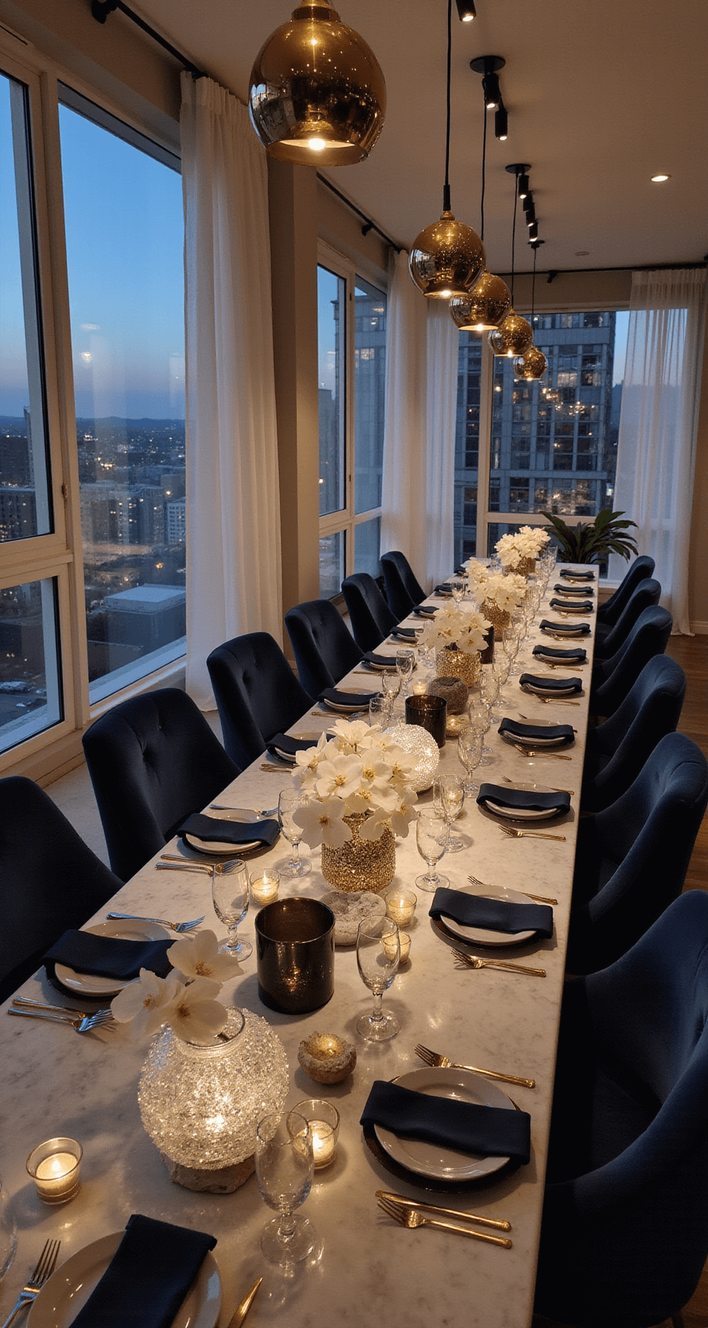 An intimate indoor celebration in a modern loft at dusk features a celestial-themed dinner party with a marble table, navy velvet chairs, metallic accents, crystal geodes, and twinkling suspended glass orbs. The setting includes white orchids, matte black plates, and gold flatware, with city lights visible through framed windows.
