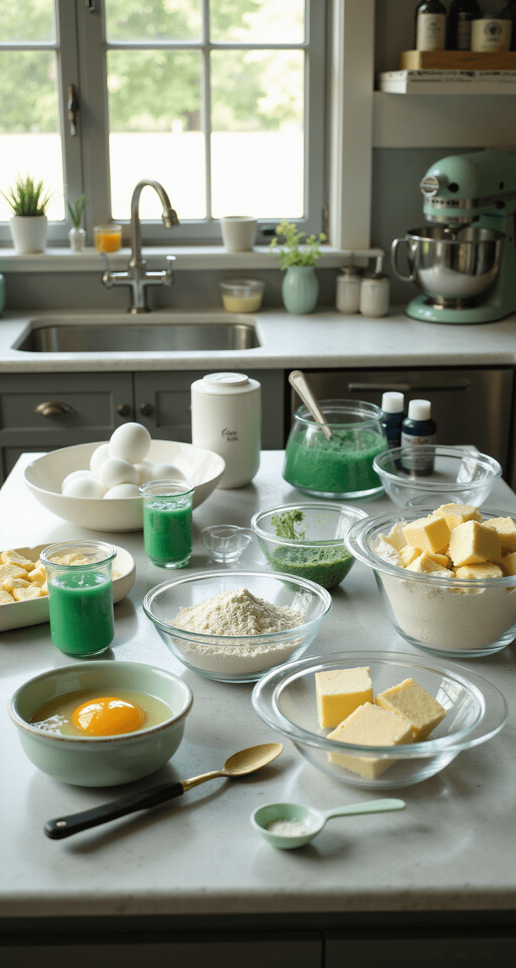 A bright professional kitchen with elegantly arranged ingredients in glass bowls, including eggs, butter, and flour, alongside measuring tools and a stand mixer, illuminated by natural light, conveying a sense of preparation for an emerald wedding cake.