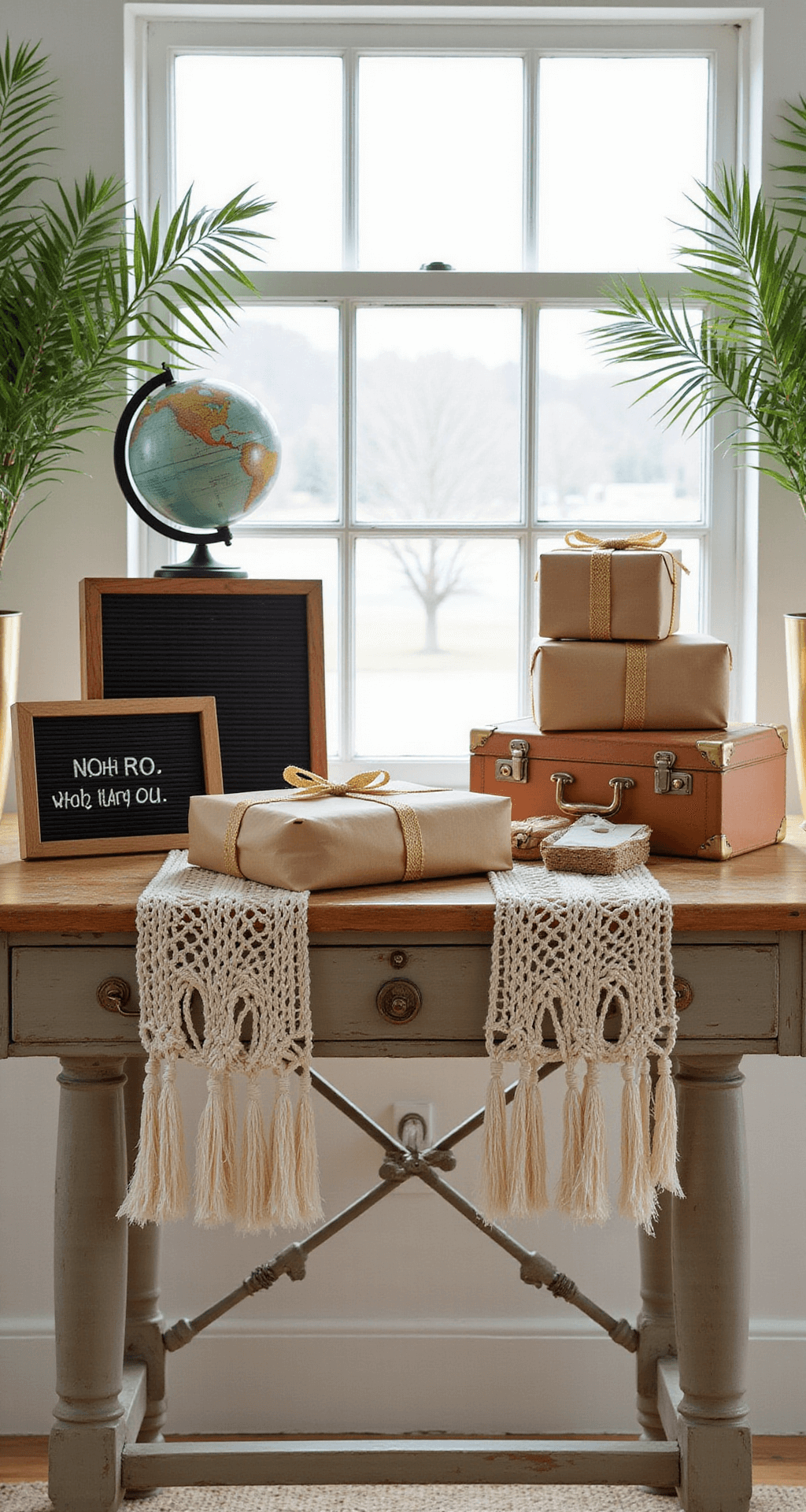 A detailed scene of a gift table by a window with a vintage explorer's theme, featuring a globe, vintage suitcases, a welcome sign, and presents wrapped in kraft paper with gold ribbons on a wooden table with a macramé runner, framed by preserved palm fronds in brass vessels.