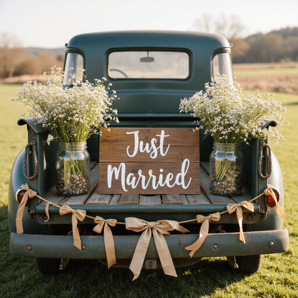 A rustic countryside wedding scene featuring a vintage pickup truck overflowing with wildflowers and mason jars, adorned with a 'Just Married' sign, organic cotton ribbon garlands, and trailing tin cans, set against a pastoral backdrop in soft afternoon light.