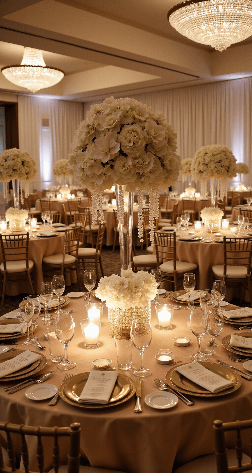 Grand ballroom wedding reception with champagne silk linens, gold chiavari chairs, and lush floral centerpieces under crystal chandeliers.