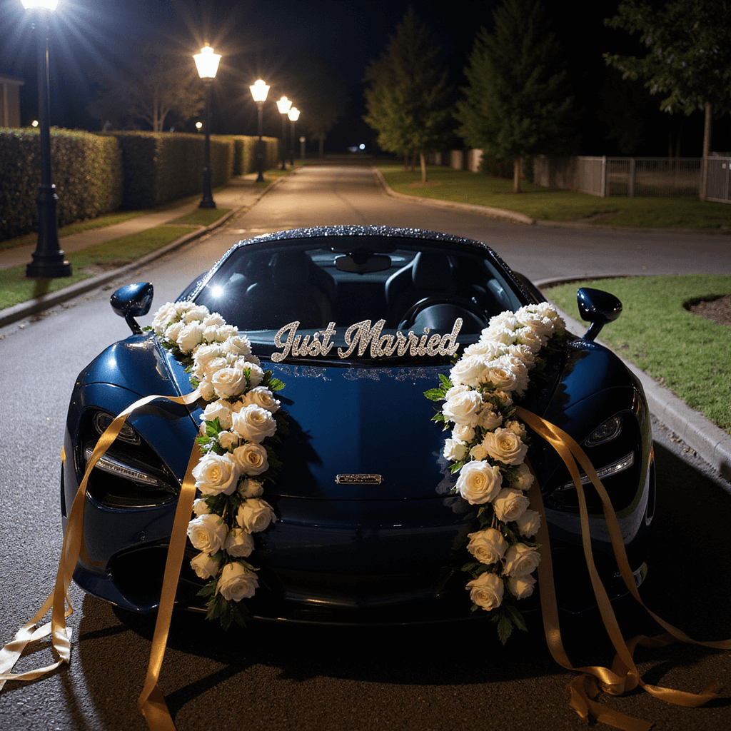 A midnight blue McLaren sports car adorned with white rose garlands and gold ribbon streamers, featuring a crystal-encrusted 'Just Married' sign and sophisticated floral arrangements, captured in dramatic nighttime photography with spotlighting and lens flare.