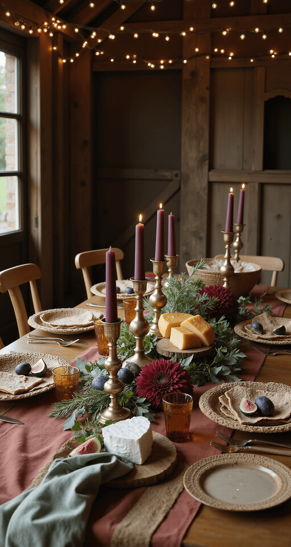 A cozy autumn dinner party table in a rustic barn, featuring terracotta and sage linens, artisanal cheeses, figs, honey, olive branches, burgundy dahlias, brass candlesticks with burgundy tapers, amber votives, handwoven bread baskets, and earthenware plates, under fairy lights and wooden beams.