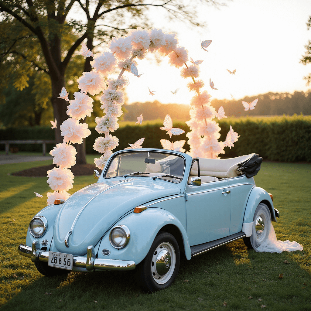 A whimsical garden wedding scene showcasing a powder blue classic Beetle convertible adorned with pastel paper flowers, delicate butterfly decorations, and custom calligraphy side panels, all illuminated by soft backlight, captured from above to highlight the artistic arrangement.