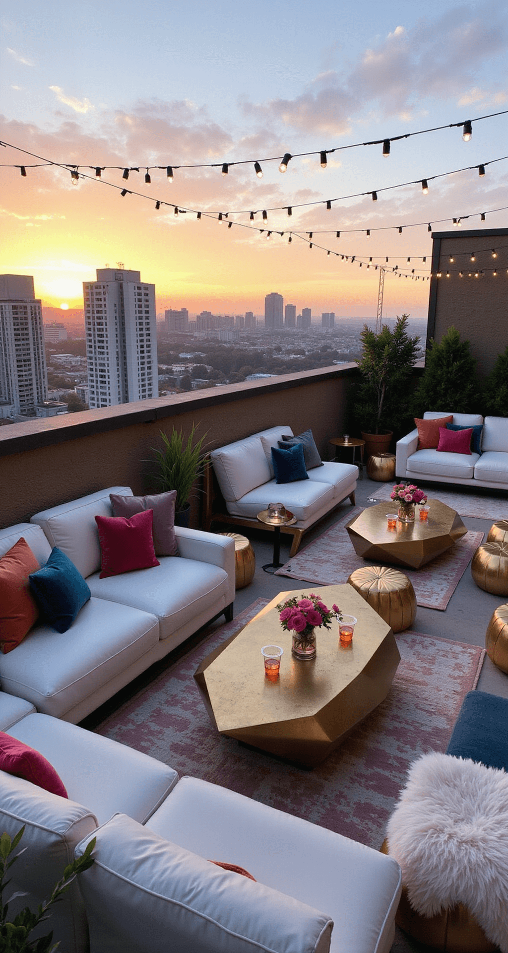 Modern rooftop cocktail party at sunset with white leather sectionals, jewel-toned pillows, brass coffee tables, LED-lit drink tables, and string lights against city views and cotton candy skies.