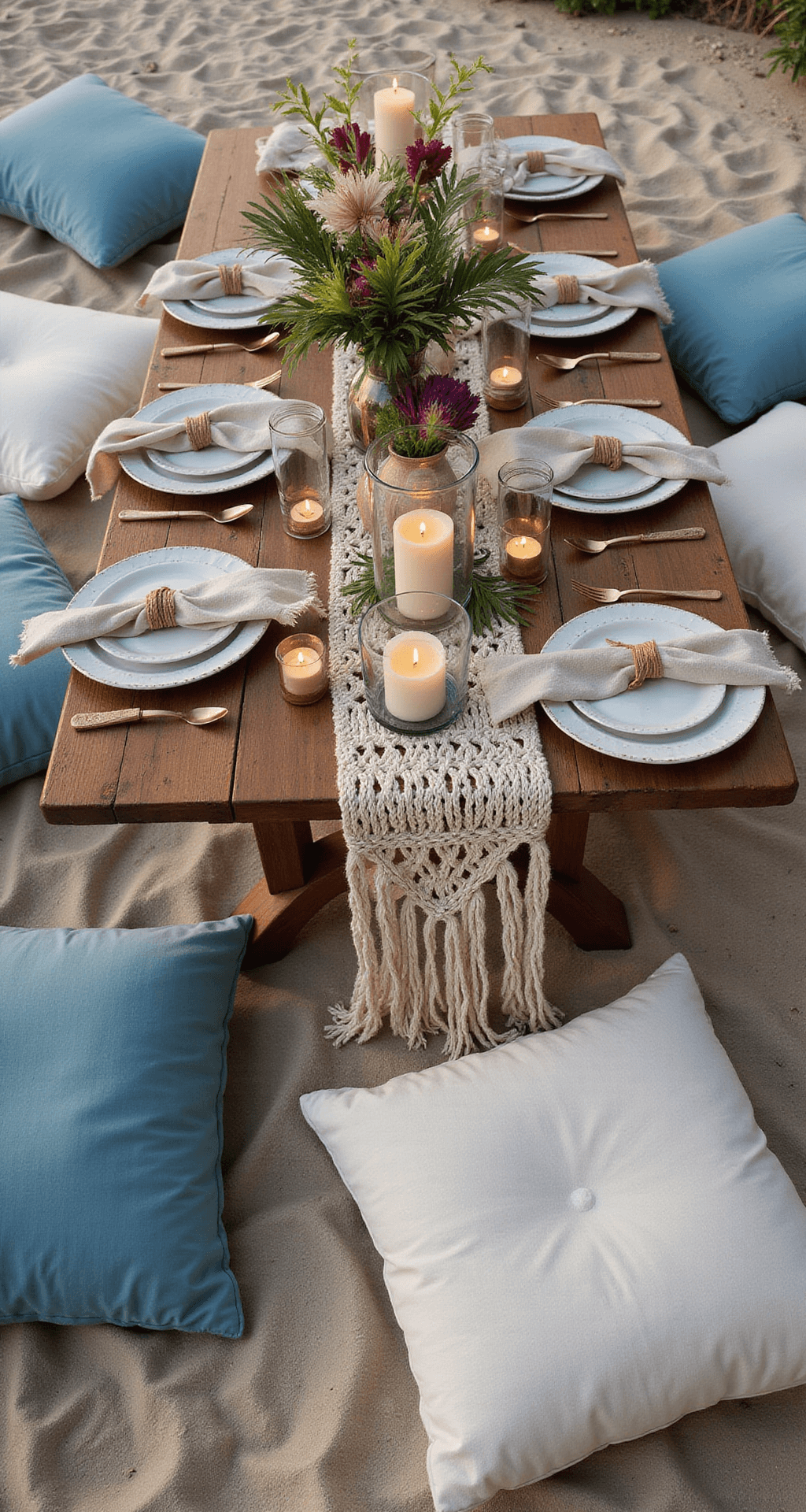 A bohemian beach celebration scene with a low dining table surrounded by sandy and ocean blue floor cushions, featuring macramé runners, shell accents, driftwood, tropical flowers, and candles in rope-wrapped holders, with tiki torches and lanterns glowing at twilight.