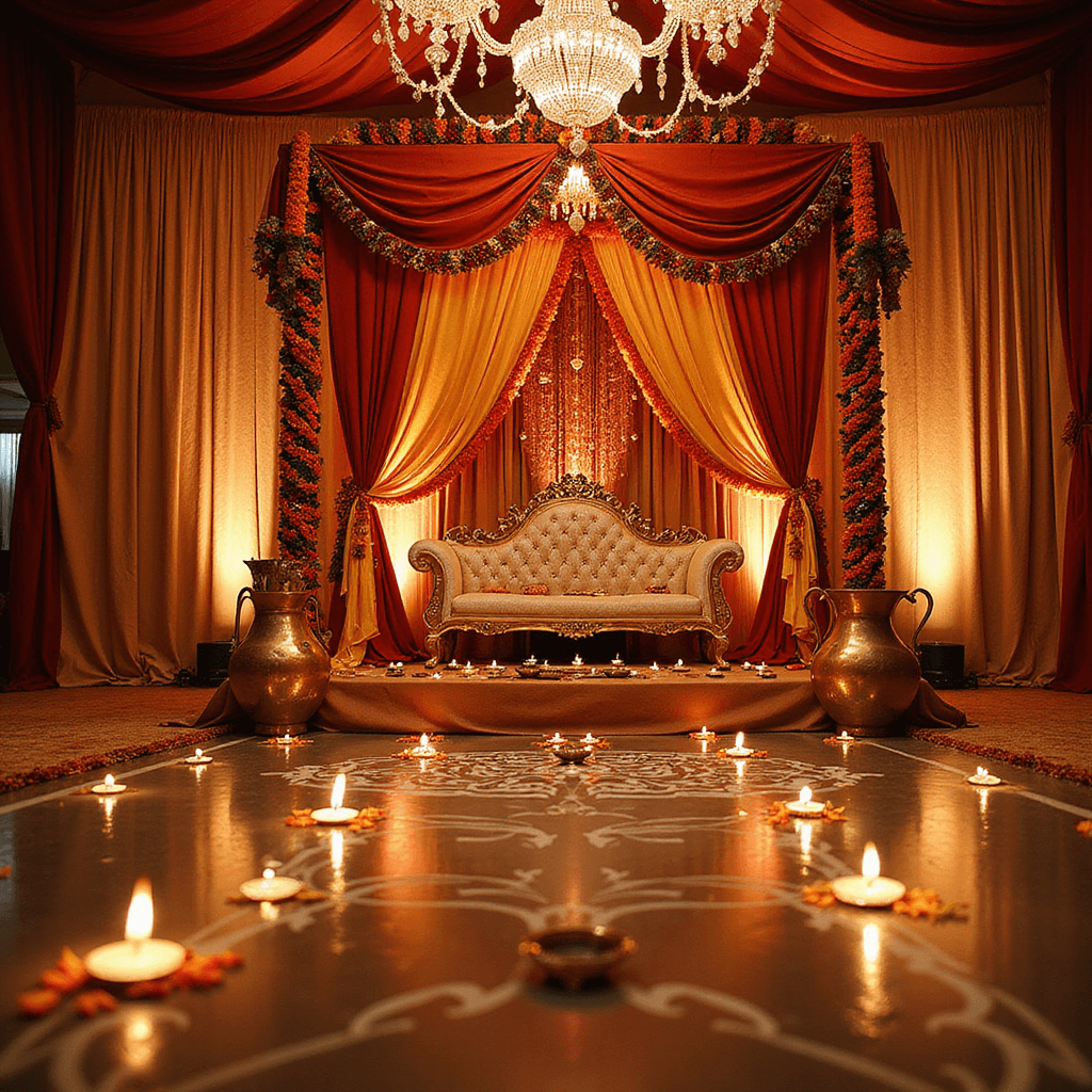 A grand Indian mandap ceremony setup at golden hour, featuring a crimson and gold silk draped mandap with marigold garlands, brass bells, and crystal chandeliers, highlighting intricate rangoli patterns beneath amidst scattered brass urns and diyas.