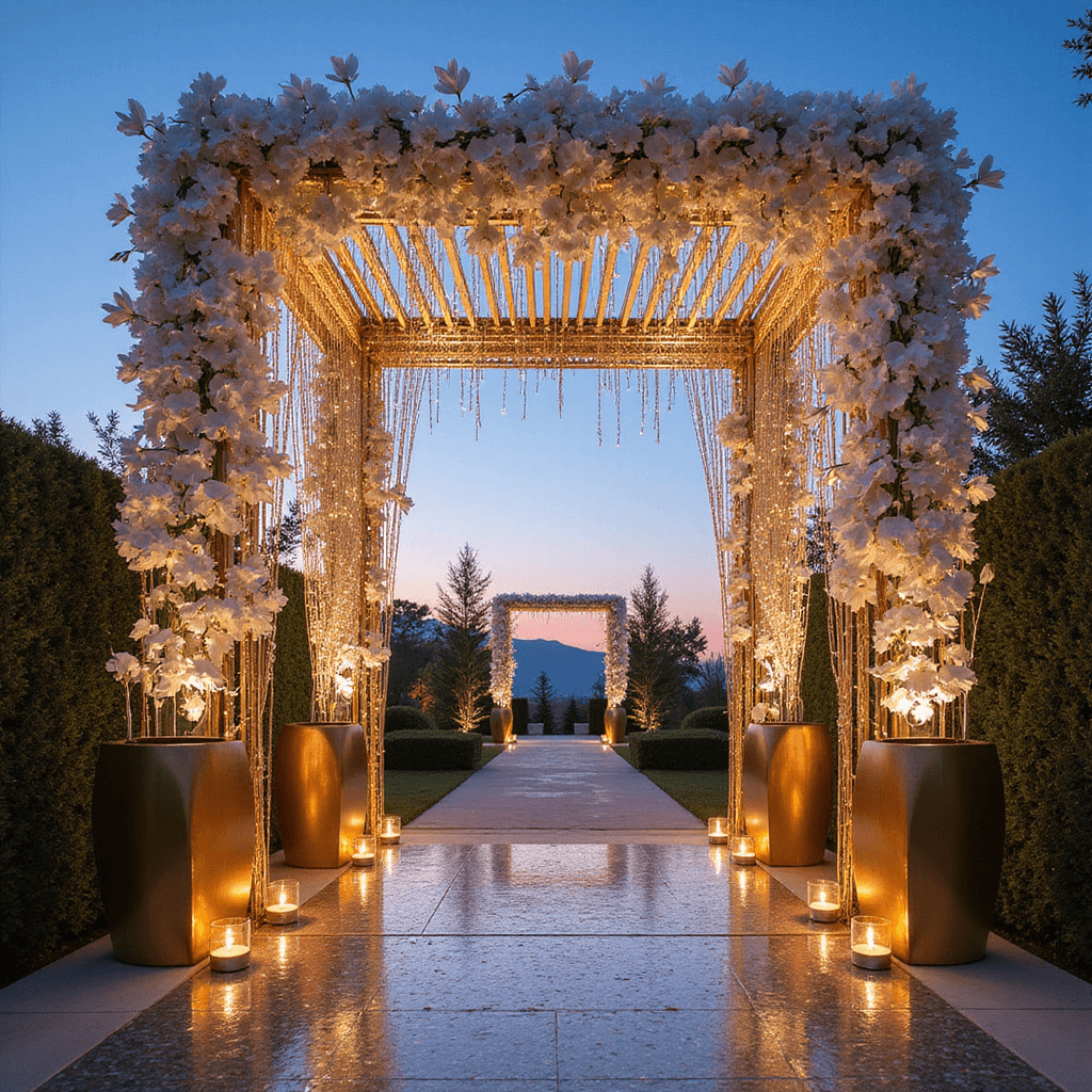 Low-angle view of a modern fusion Indian wedding entrance arch at dusk, featuring a geometric metal framework adorned with white orchids and LED lights, with metallic gold and silver draping cascading asymmetrically. The mirror mosaic floor reflects blush uplighting, lined with minimalist brass urns holding floating candles, merging clean architectural lines with traditional elements.