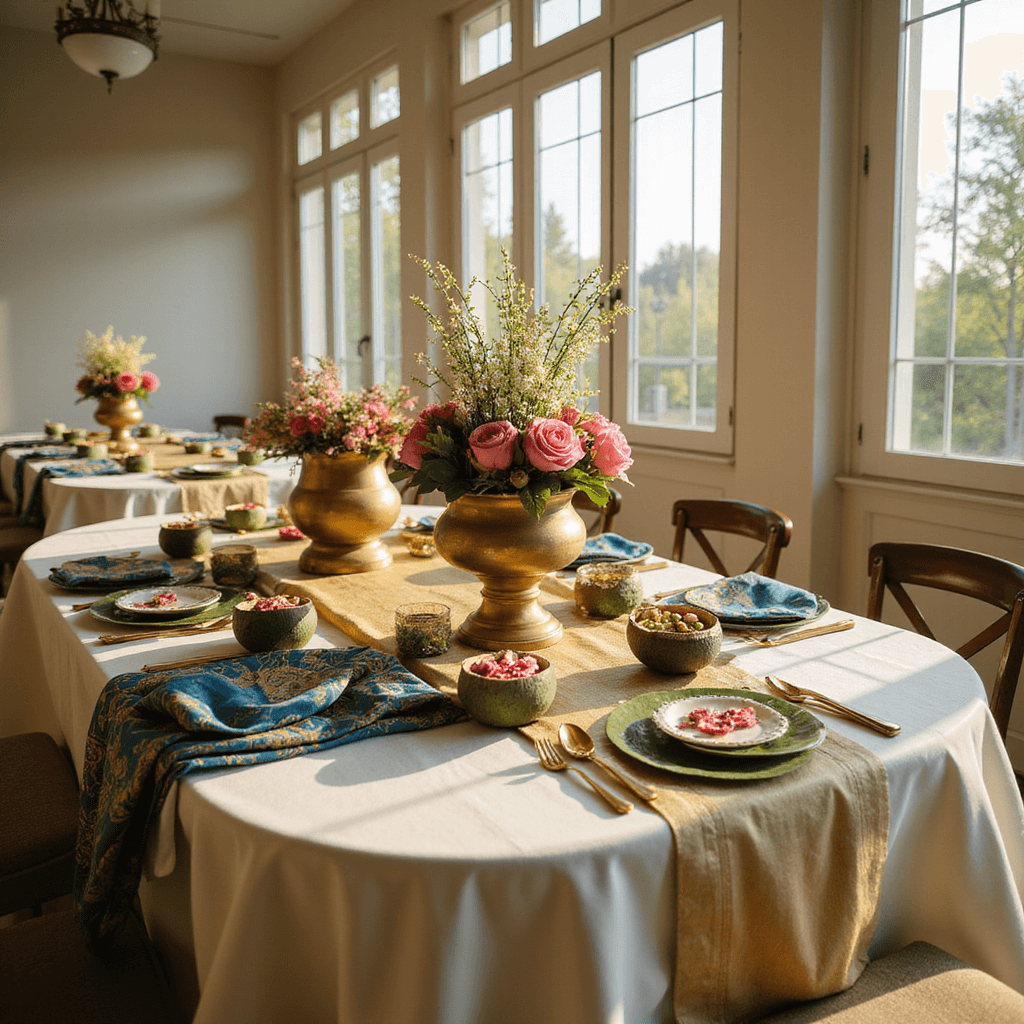 Intimate South Indian wedding tablescape featuring round ivory silk-dressed tables adorned with brass temple vessels filled with jasmine and pink lotus flowers, banana leaf place settings with fresh coconuts and rose petals, and traditional silk sari fabric runners in peacock blue and gold, illuminated by morning light streaming through large windows.