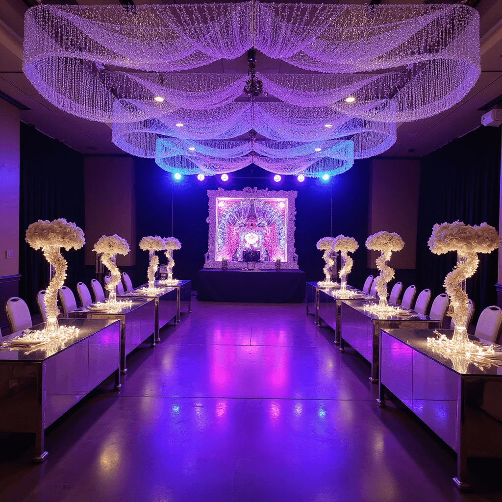An elevated view of a dramatic evening reception featuring a crystal-draped ceiling resembling a starry sky, a glowing LED-lit acrylic mandap in purple and blue, mirrored tables with tall crystal candelabras adorned with orchid garlands, and soft fairy lights enhancing the ambiance.