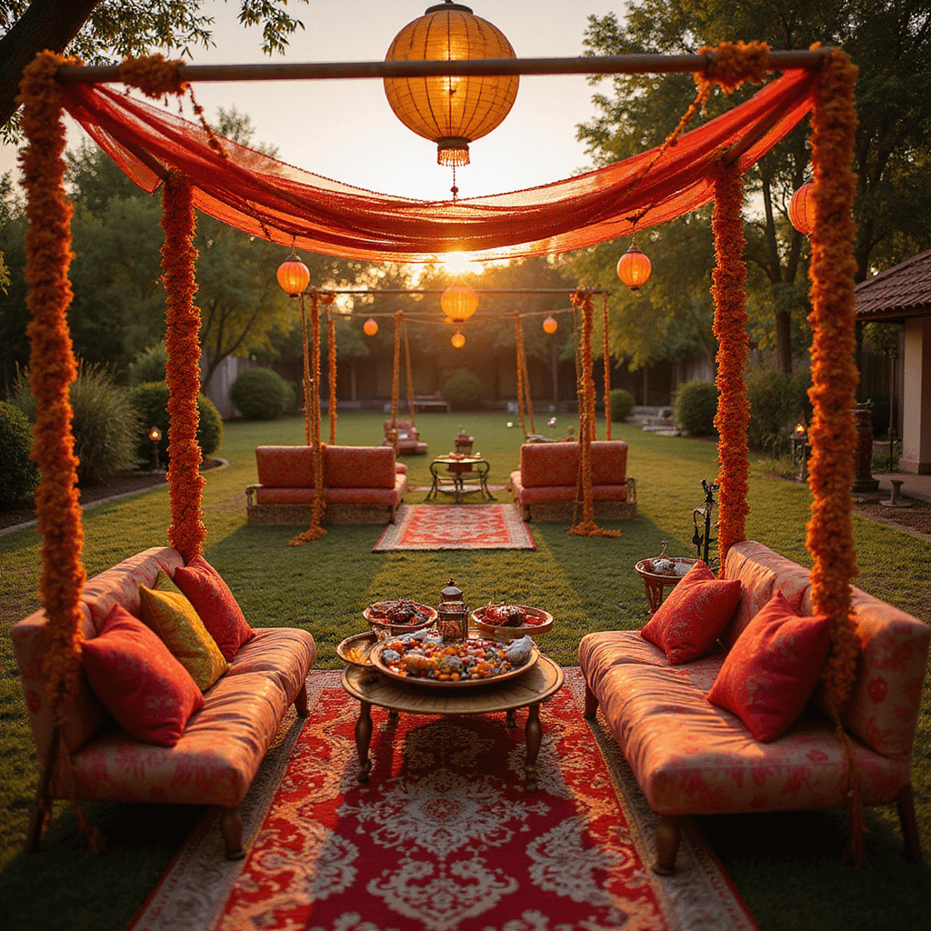 A vibrant outdoor North Indian mehndi celebration at sunset, featuring marigold-decorated swings, low seating with silk cushions, brass lamps, and paper umbrellas. The scene showcases detailed henna stations adorned with colorful bangles and dupatta canopies, illuminated by warm golden lighting that enhances rich jewel tones.