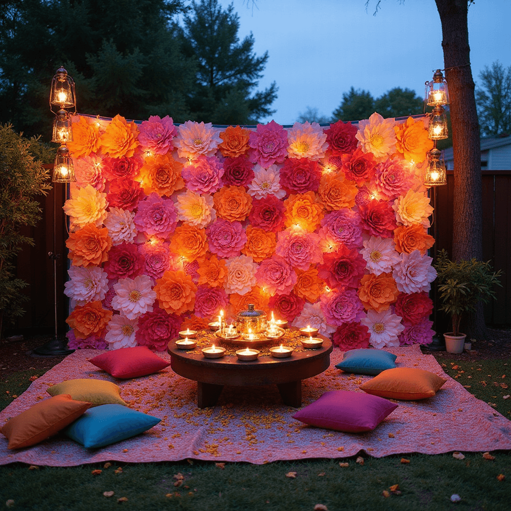 A budget-friendly backyard sangeet setup at blue hour, featuring an ombre pink to orange paper flower backdrop, clustered fairy lights, brass lanterns, colorful floor cushions, low tables adorned with floating candles and marigold petals, creating a casual yet festive atmosphere.