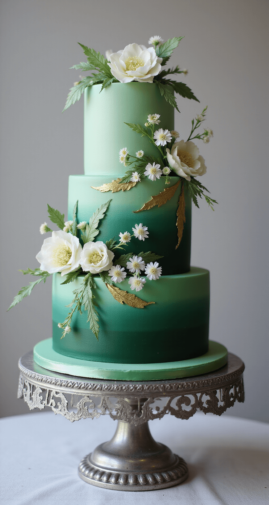 Three-tier emerald green wedding cake on a silver stand, featuring a gradient of emerald tones, gold leaf accents, cascading white and pale green sugar flowers, marzipan leaves, and crystallized edible flowers, all against a soft-focus neutral background.