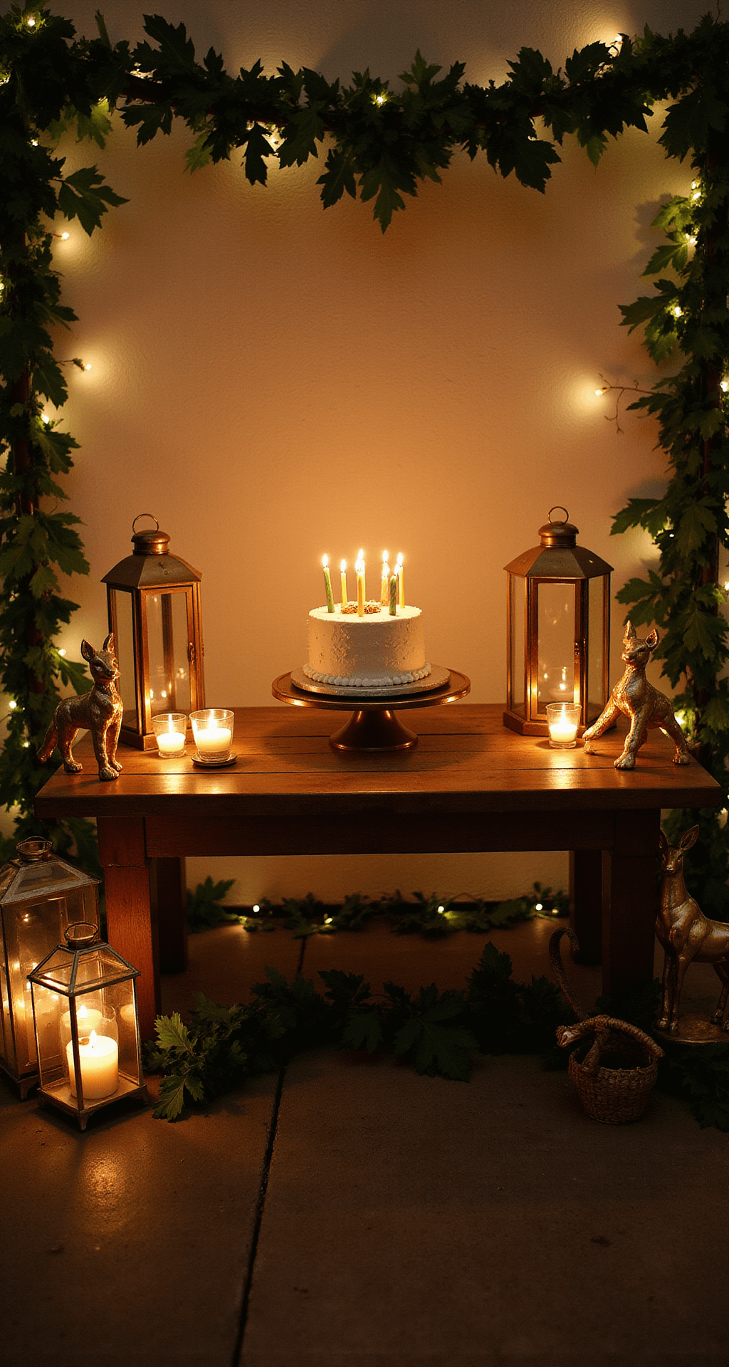 A moody evening scene of a birthday cake on a rustic wooden table, lit by warm candlelight, surrounded by brass lanterns, fairy lights, greenery garlands, and gold animal figurines against a textured cream wall.