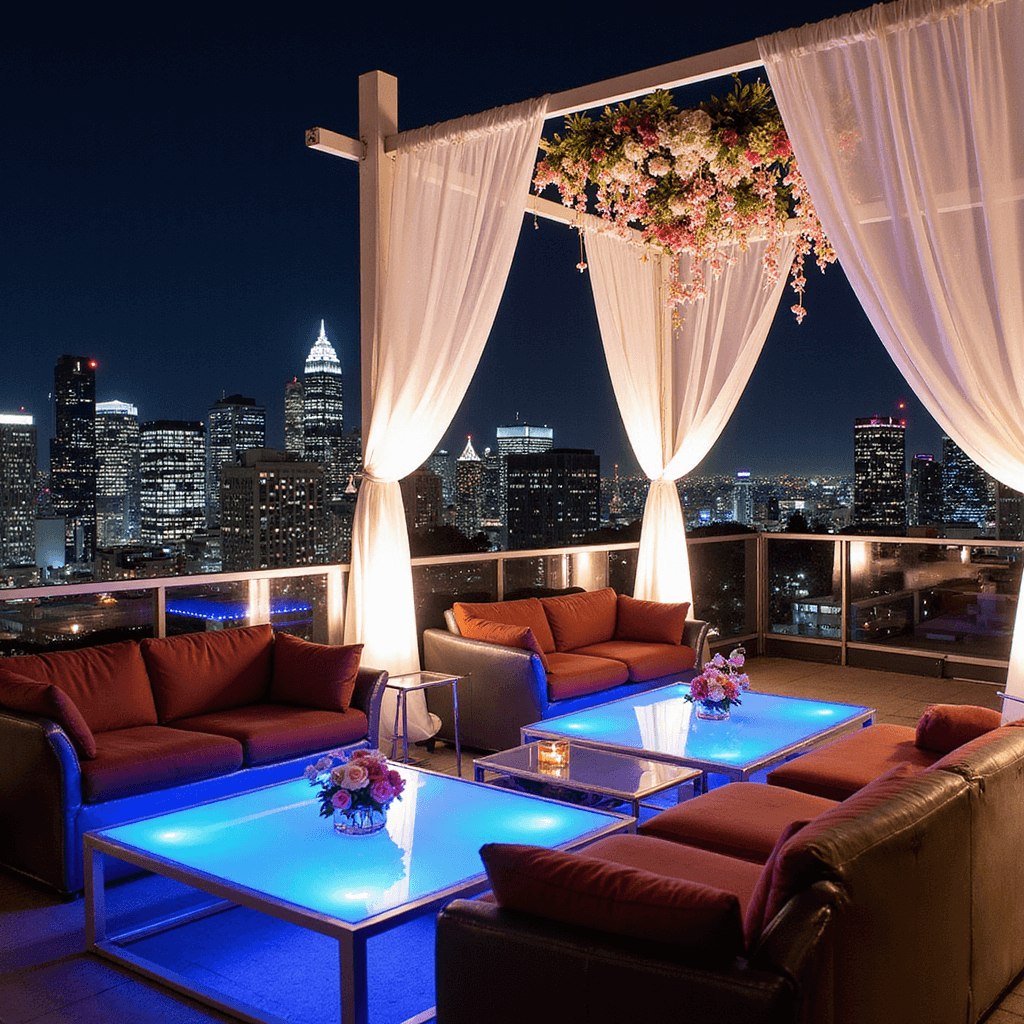 A luxurious rooftop cocktail setup at night, featuring a contemporary white mandap with crystal curtains and floral installations, metallic furniture with jewel-toned velvet cushions, and softly pulsing LED table centers, all illuminated by dramatic uplighting against a backdrop of city lights.