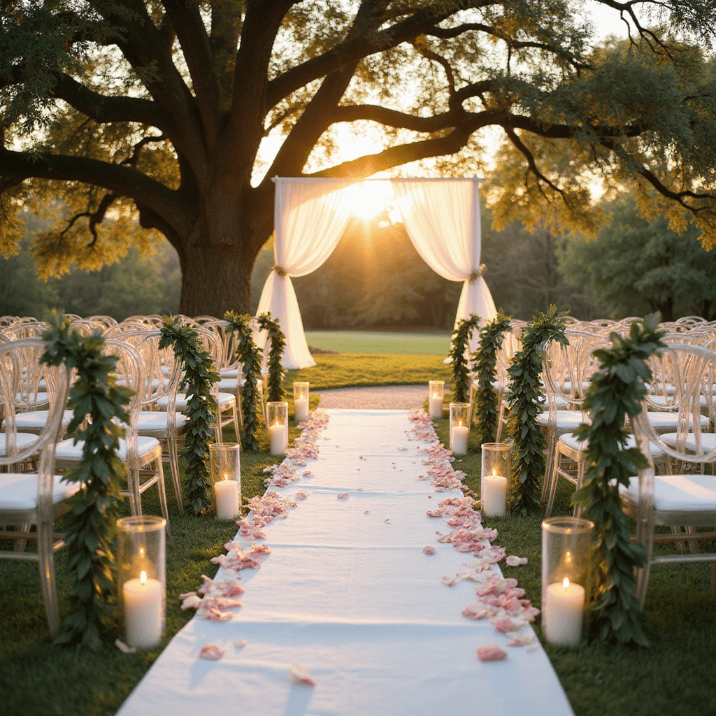 A beautifully arranged wedding ceremony aisle at golden hour, adorned with eucalyptus garlands on ghost chairs, illuminated by candlelit crystal hurricanes, and scattered with rose petals, all under a majestic oak tree canopy and ethereal drapery.