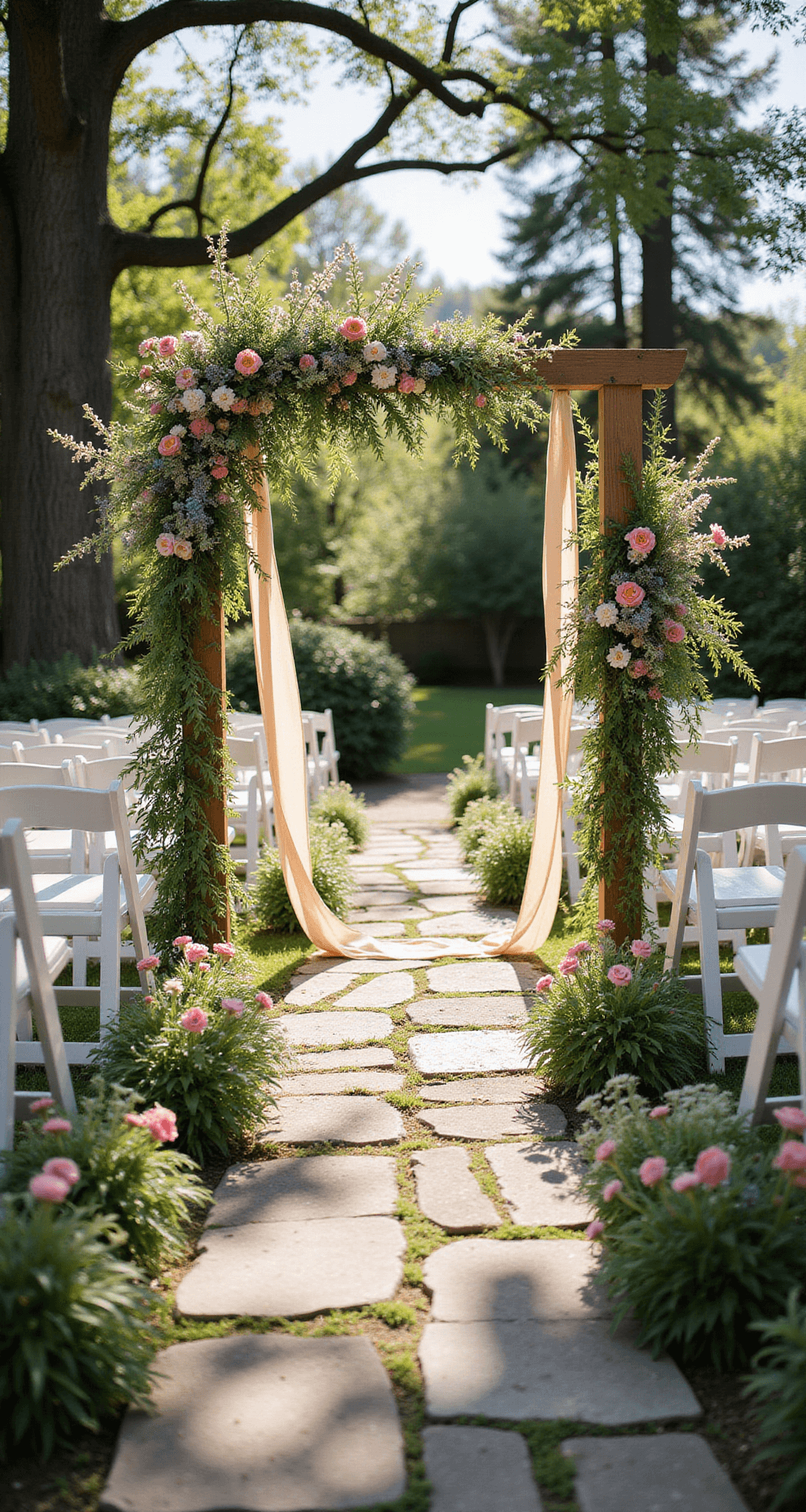 A sunlit garden ceremony aisle with wide-angle view, lined with towering meadow-style floral arrangements featuring wild delphinium, cosmos, and Queen Anne's lace. White wooden folding chairs with champagne silk ribbons frame the pathway. Morning light filters through trees, casting shadows on the stone path, enhancing the enchanted garden atmosphere.