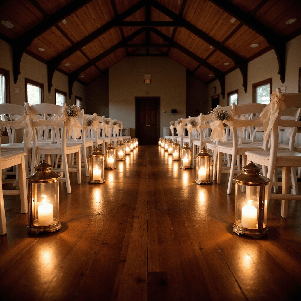 An intimate candlelit indoor ceremony setup with dramatic cathedral ceilings and exposed wooden beams, featuring brass lanterns lining a dark hardwood aisle, white chiavari chairs adorned with ivory silk ribbons and baby's breath bouquets, and soft uplighting casting subtle shadows.