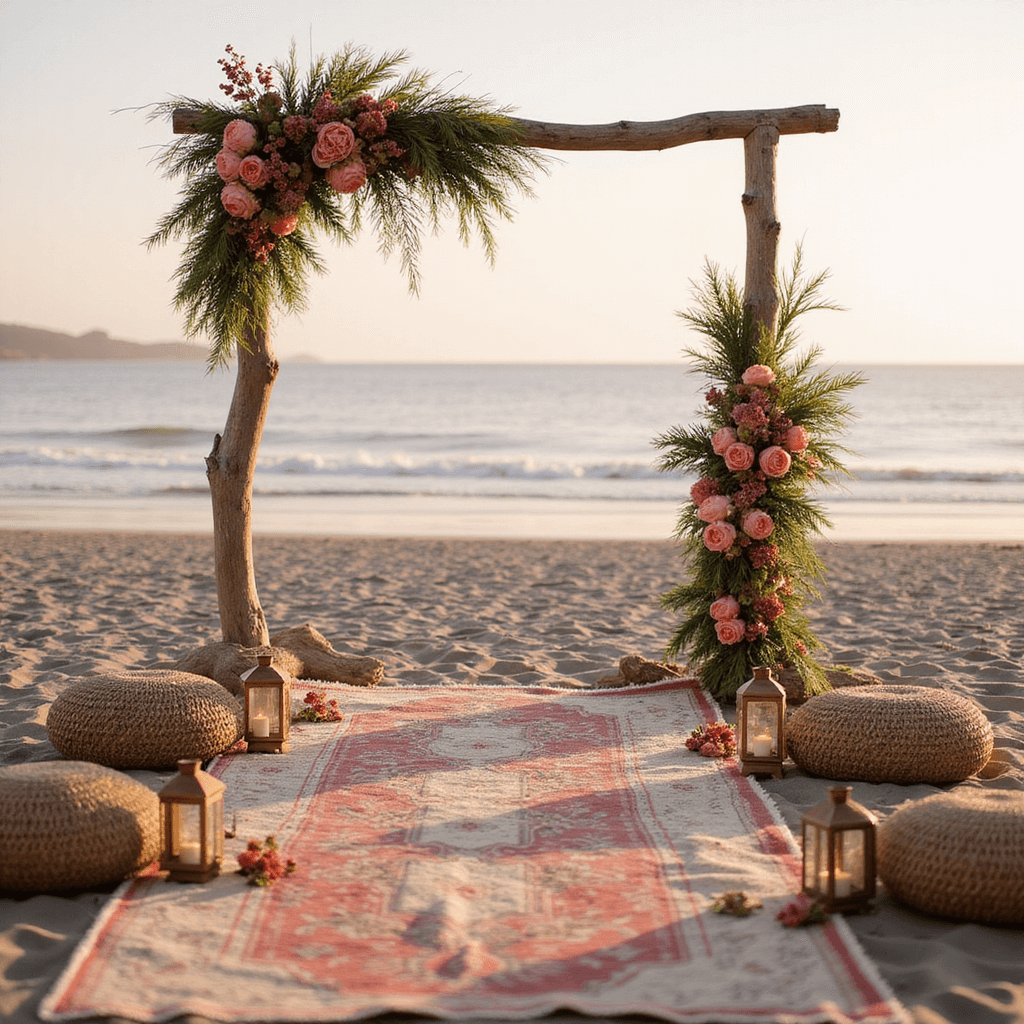 Bohemian beach ceremony at sunrise featuring a driftwood archway adorned with pampas grass and coral charm peonies, vintage Persian rugs for an aisle, scattered protea blooms, metallic copper lanterns, and low woven rattan poufs for seating in soft pink morning light.