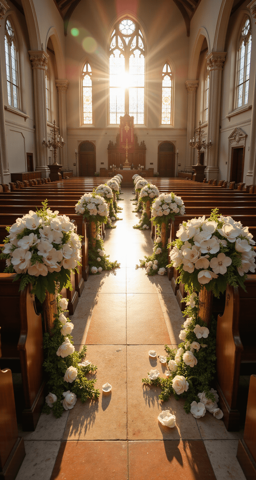 An ornate church aisle adorned with white phalaenopsis orchids and cream roses on brass pedestals, with mahogany pews decorated with bouquets of stephanotis and Italian ruscus; sunlight streams through stained glass windows, creating rainbow patterns on the marble floors, while crystal candelabras add sparkle.