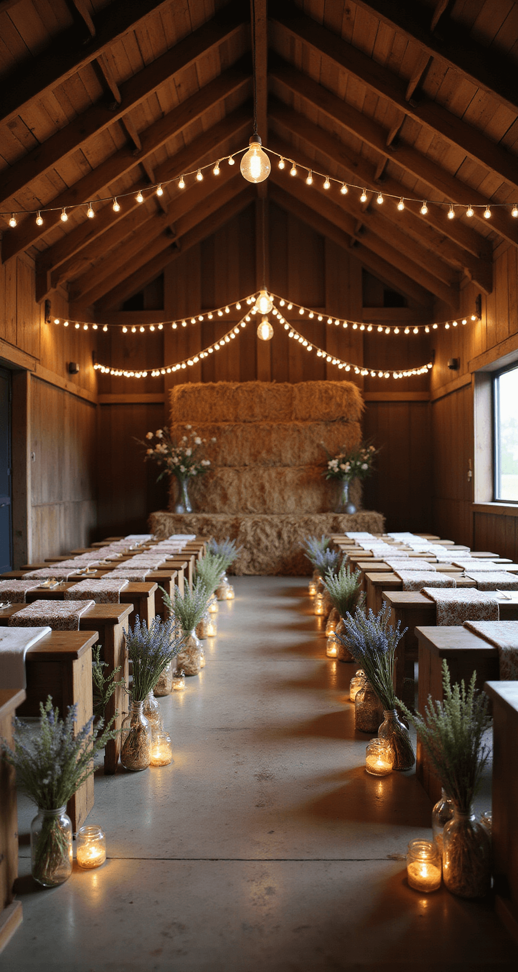 Ground-level view of a rustic barn ceremony with mason jar wildflowers and fairy lights on shepherd's hooks. Wooden benches with vintage quilts, textural aisle markers of dried lavender, wheat, and astilbe. Edison bulbs cast warm glow from above. Altar backdrop of hay bales with white fabric.