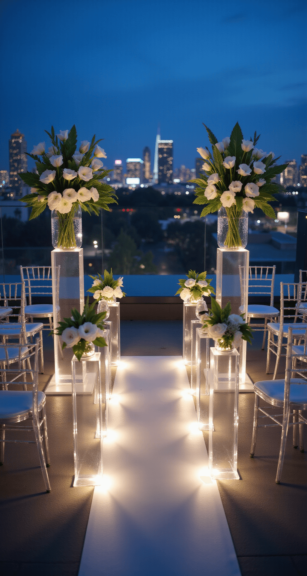 A modern minimalist rooftop ceremony at blue hour with tall acrylic pedestals holding white calla lilies and monstera leaves, framed by ghost chairs. City lights twinkle in the background, while LED light strips illuminate the frosted acrylic aisle runner, and dramatic uplighting enhances the floral arrangements.