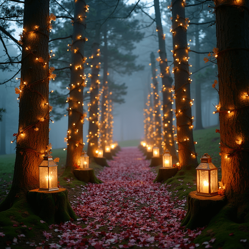 A magical twilight scene in an enchanted forest ceremony, featuring an aisle of twinkling fairy lights wrapped around tree trunks, moss-covered stumps with mercury glass lanterns, and scattered deep jewel-toned flower petals, all enhanced by low fog and uplighting in the trees, captured from a ground-level perspective looking up through branches.
