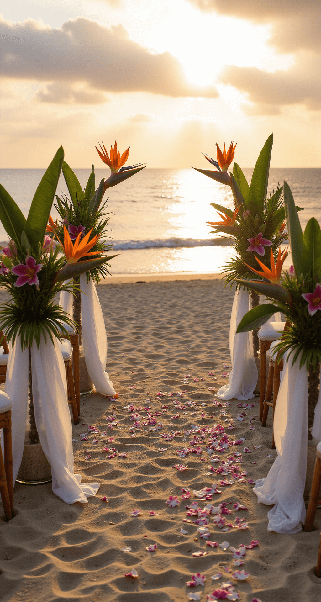 A beachfront wedding ceremony at sunset, viewed from behind the altar, with tropical aisle arrangements of birds of paradise, anthuriums, and palm fronds in sand-filled glass cylinders. Natural bamboo chairs are draped with flowing white covers, and orchid petals border the aisle. Sheer white fabric panels flutter between arrangements, as golden light reflects off the ocean waves in the background.