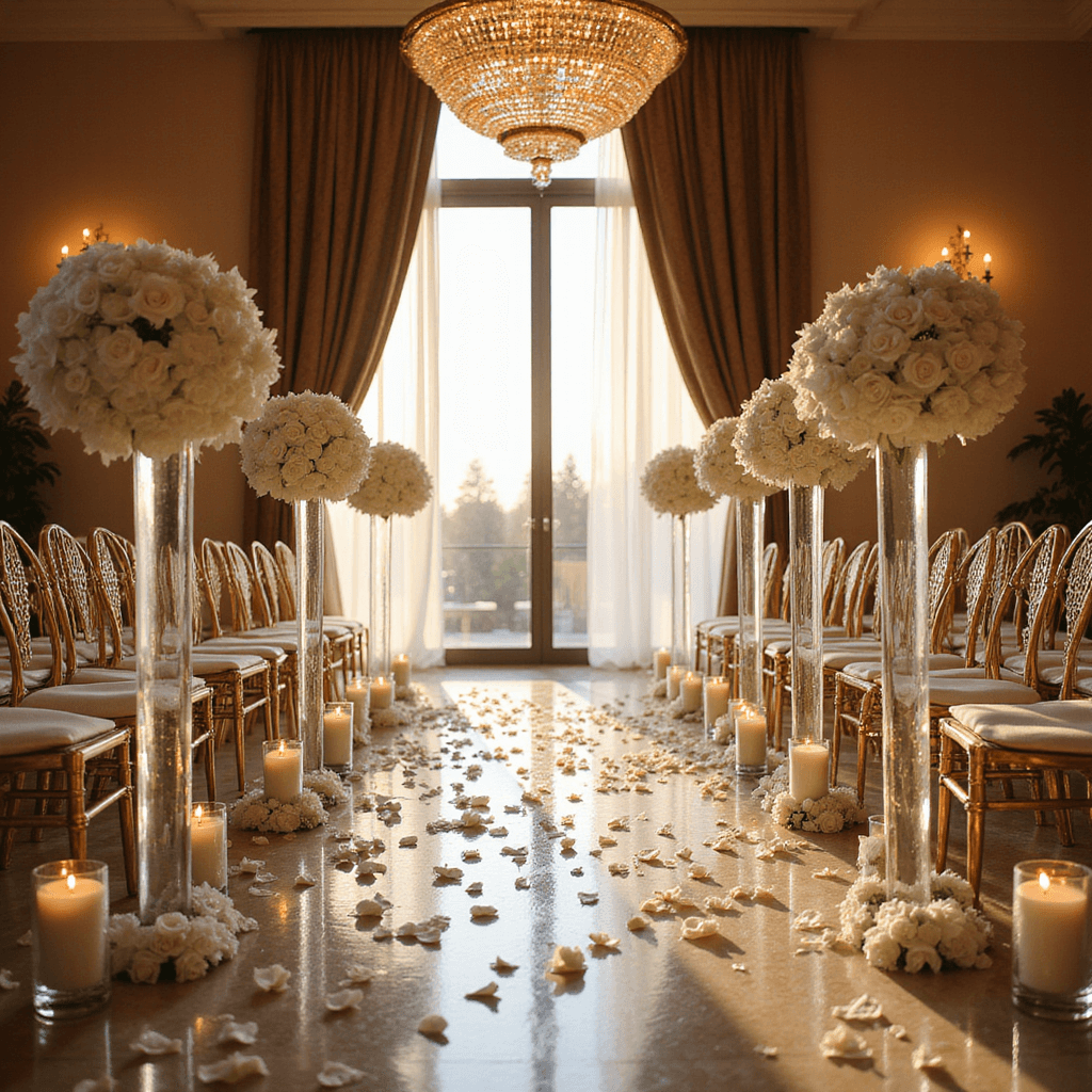 A grand ballroom ceremony bathed in golden light during magic hour, featuring marble floors reflecting crystal chandeliers, an aisle lined with tall glass cylinders filled with orchids and floating candles, ghost chairs with gold chiavari backs, meticulously arranged white rose petals, and dramatic drapery framing the altar scene.