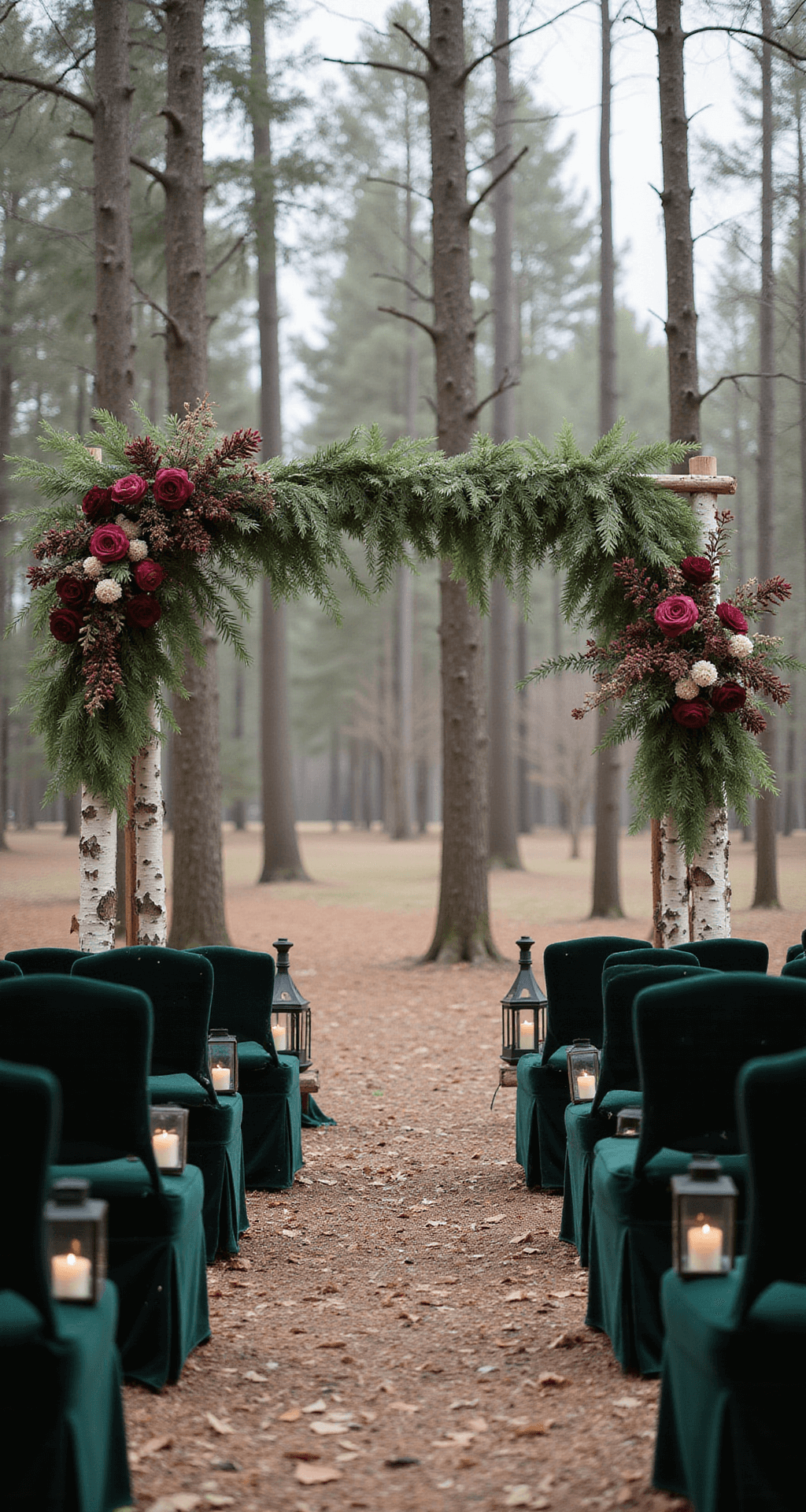 A woodland winter ceremony featuring dark burgundy and cream floral installations on birch archways, black lanterns with candles, deep green velvet chairs, and fresh pine garlands, with light snow falling in the background.