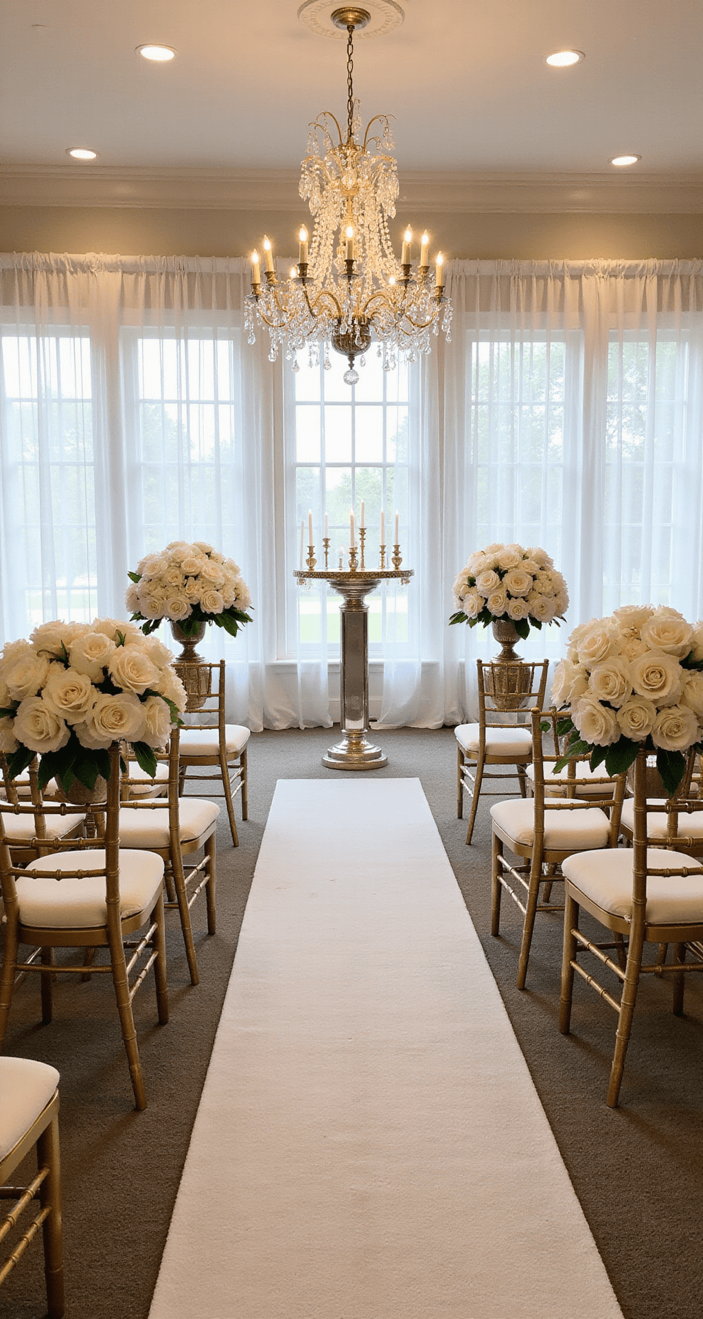 A traditional ballroom ceremony with white floral arrangements on mirrored pedestals, surrounded by gold chiavari chairs. Crystal chandeliers overhead and tall candles in gold holders enhance the elegant setting.