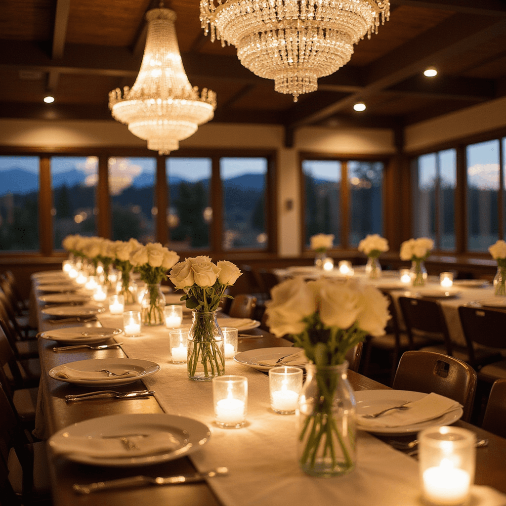 An elegant indoor ballroom reception featuring long farm tables with cream linen runners and scattered bud vases of single stem white roses, illuminated by warm mercury glass votives and soft chandelier light, viewed from an elevated angle.