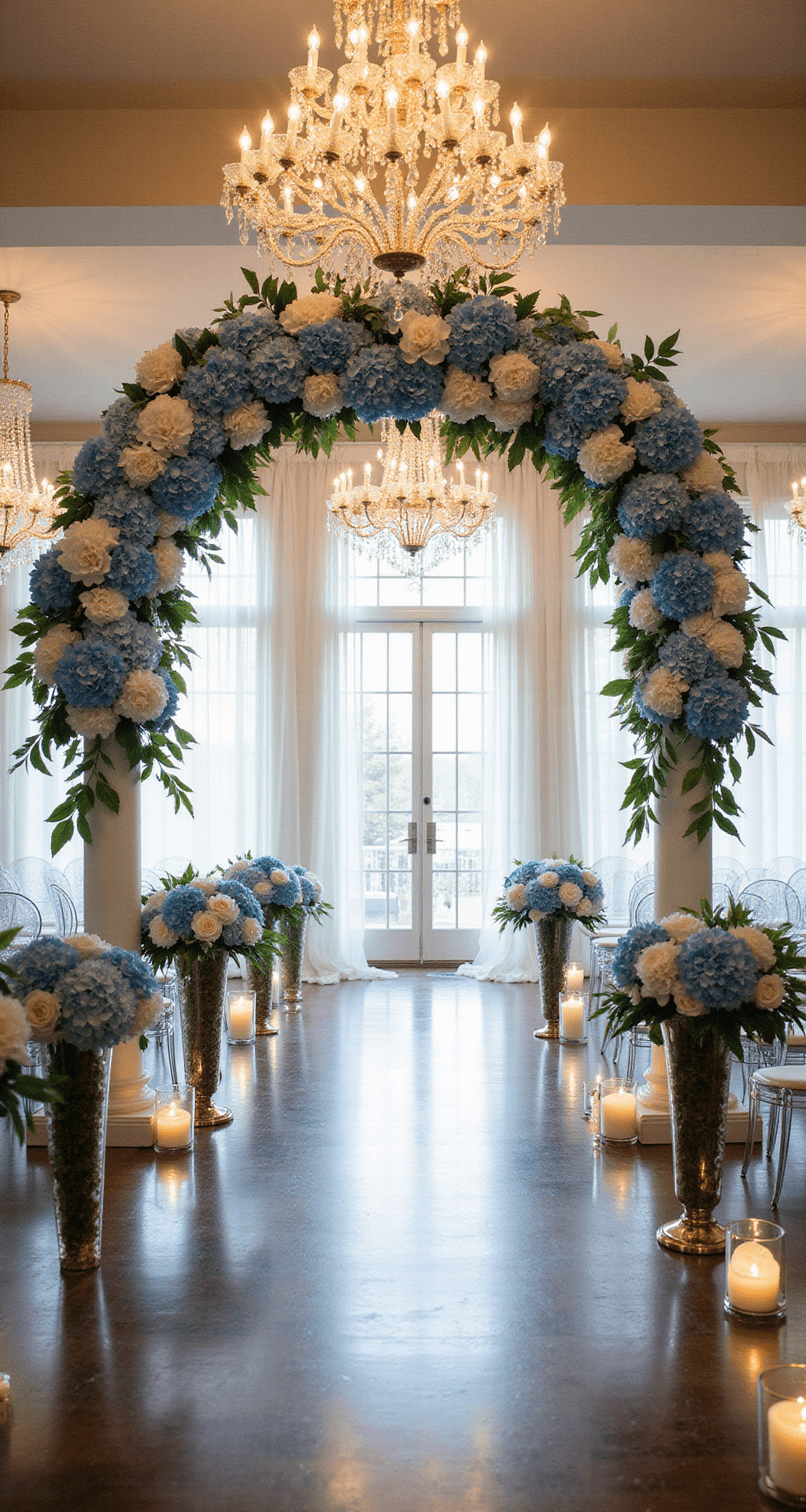 A grand ballroom wedding setup with an 8-foot floral arch of blue hydrangeas and white orchids, under warm-lit crystal chandeliers, with ghost chairs in curved rows and a natural light-filled atmosphere.