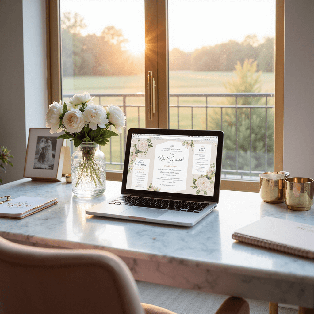 Luxurious home office with marble desk, laptop showing wedding invitation, crystal vase with peonies, rose gold planner, blush pink velvet chair, and brass accents bathed in golden hour light.