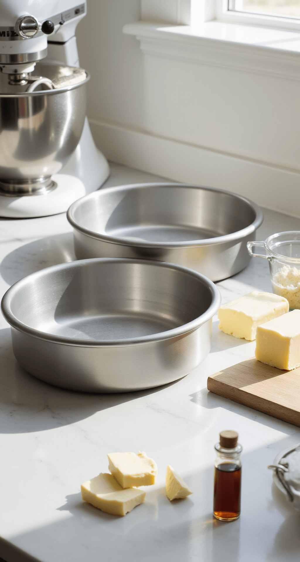 Close-up of a sunlit kitchen counter featuring pristine baking equipment, including two 8-inch cake pans, a stand mixer, and measuring cups, with room temperature ingredients like eggs, butter, and vanilla extract on a marble surface.