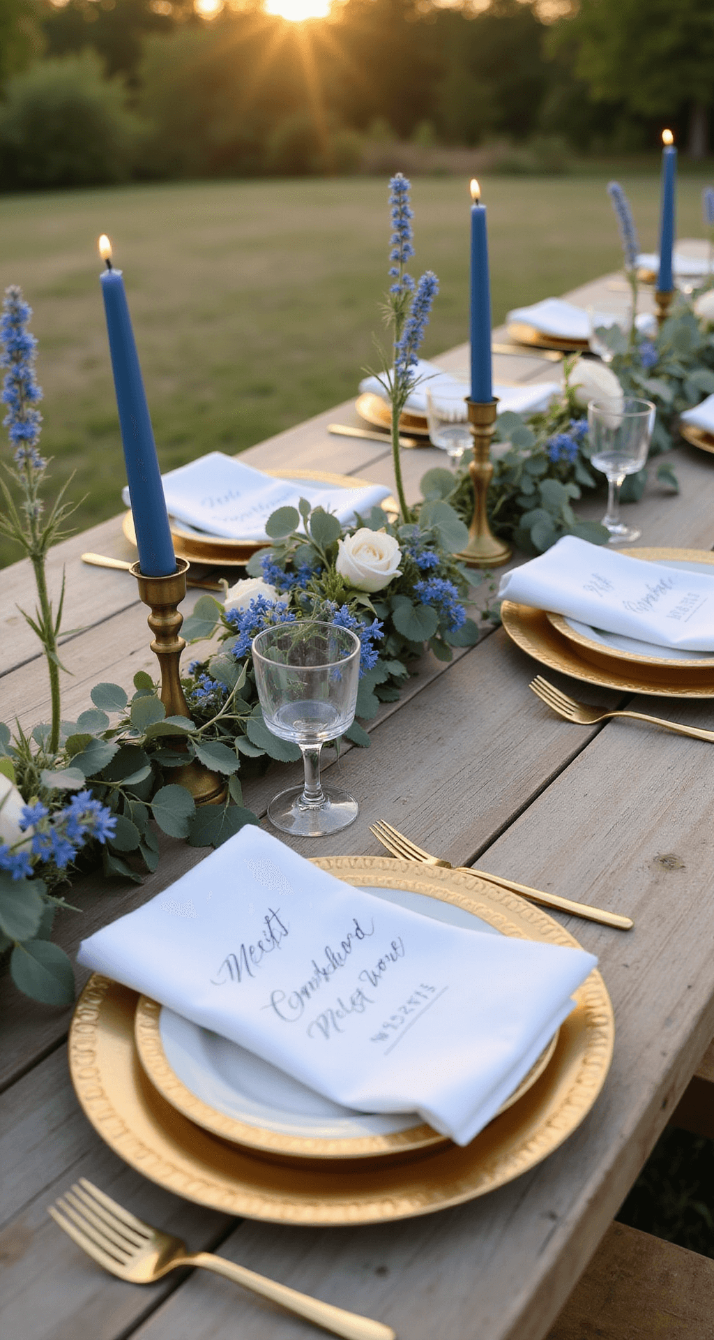 Farm table set for a reception with golden hour lighting, featuring a 20-foot garland of blue thistle, white garden roses, and eucalyptus. Vintage brass candlesticks with blue tapers and bud vases with cornflowers adorn the table. Place settings include gold-rimmed chargers, white linens, and calligraphed place cards with pressed blue flowers.