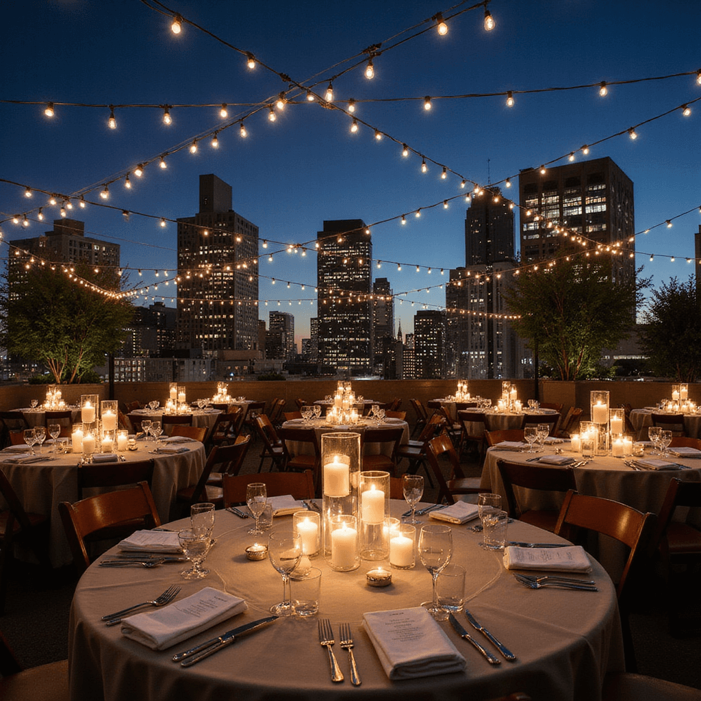 Aerial view of a twilight terrace celebration with round tables dressed in dove gray linens, minimalist glass cylinder centerpieces with floating candles, and string lights overhead, against a sparkling cityscape backdrop and elegant place settings featuring white china and silver accents.