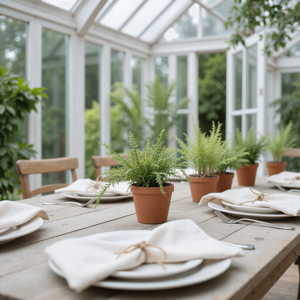 A bright conservatory brunch setup featuring white-washed wooden tables with potted herbs and ferns, soft muslin napkins tied with twine on matte white plates, and natural light creating warm shadows.