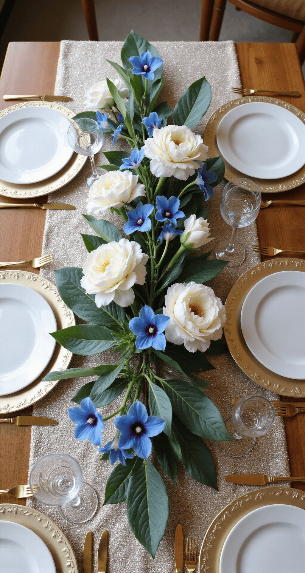 Overhead view of an elegant sweetheart table with a centerpiece of blue orchids, white peonies, and metallic monstera leaves on a champagne sequin tablecloth, surrounded by crystal candleholders, gold-rimmed glassware, and baroque charger plates, softly lit by window light.
