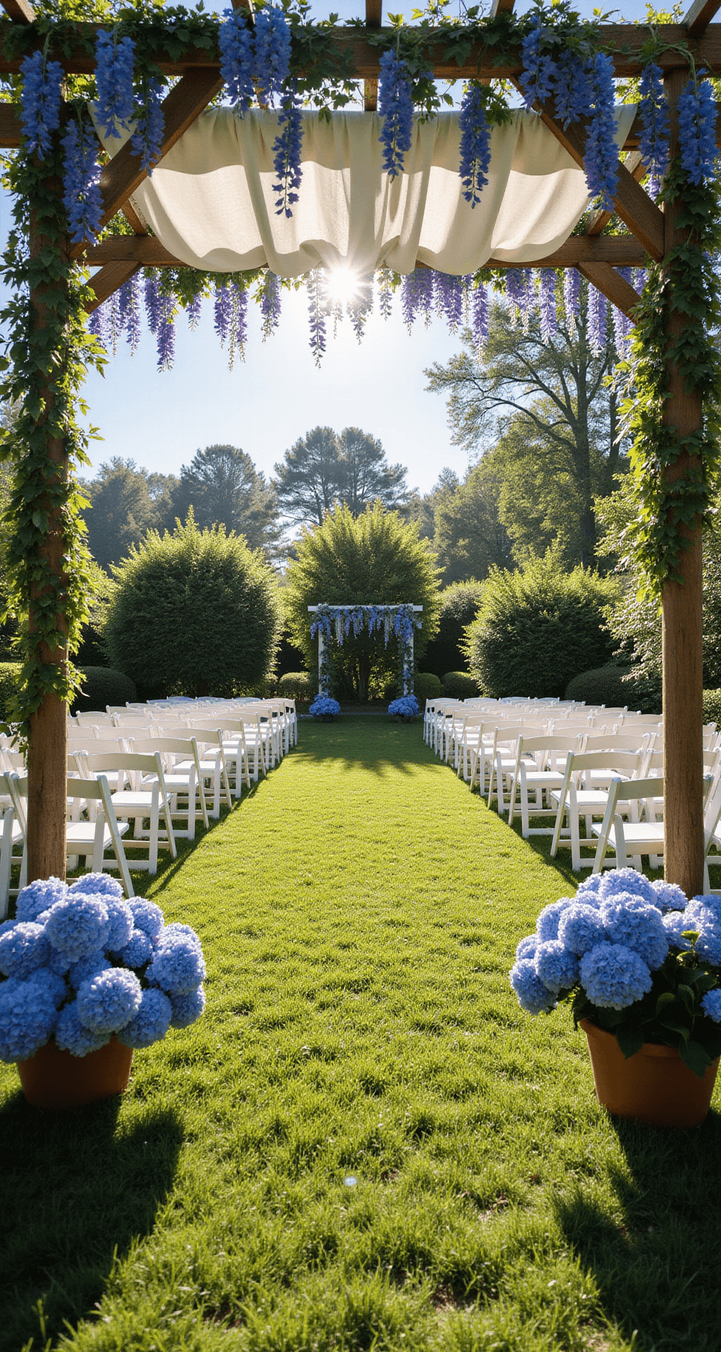 A low-angle view of a sunlit garden ceremony site featuring a wooden pergola adorned with sheer white fabric, blue delphiniums, and wisteria. White chairs are arranged on a manicured lawn, and potted blue hydrangeas line the aisle, all basking in soft morning light.