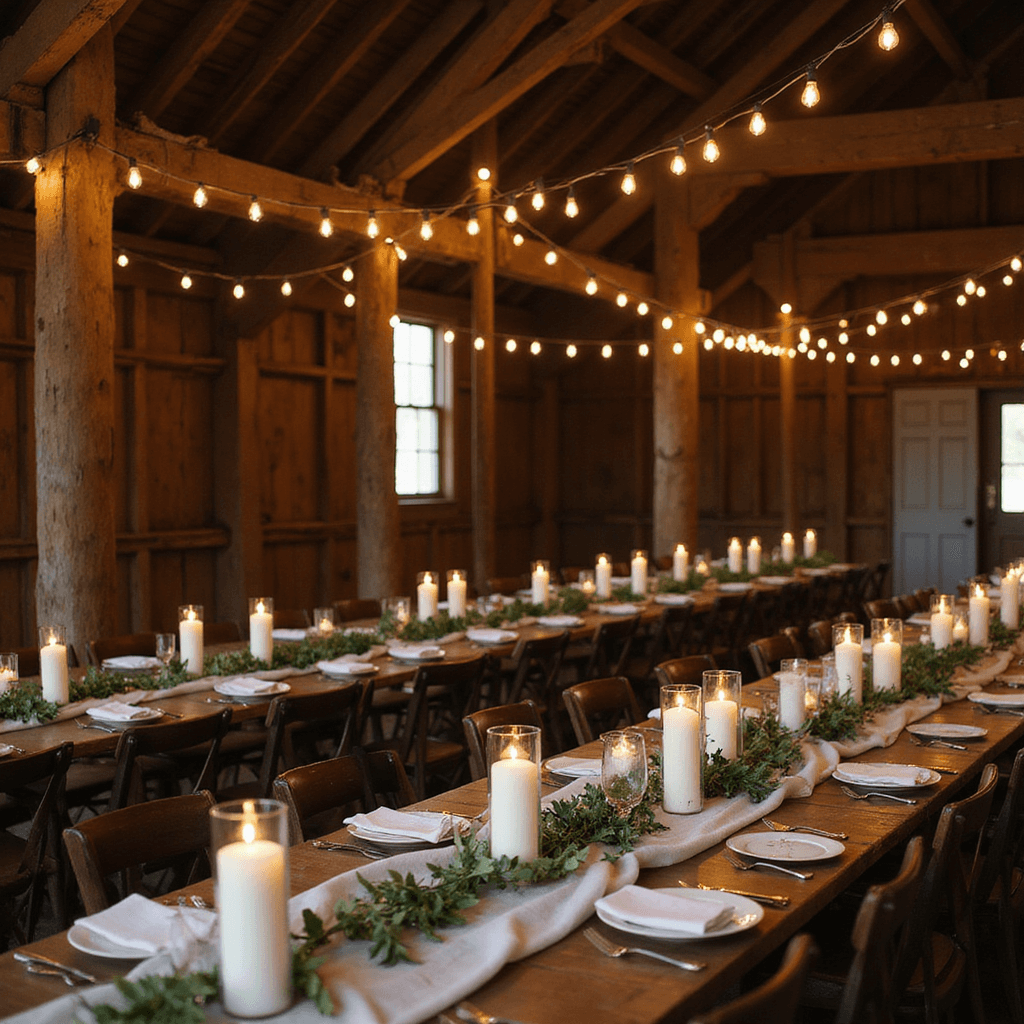 An intimate barn gathering with wooden tables, gauzy runners, pillar candles, greenery garlands, and vintage Edison bulbs casting a warm glow, captured in a dreamy, shallow focus.