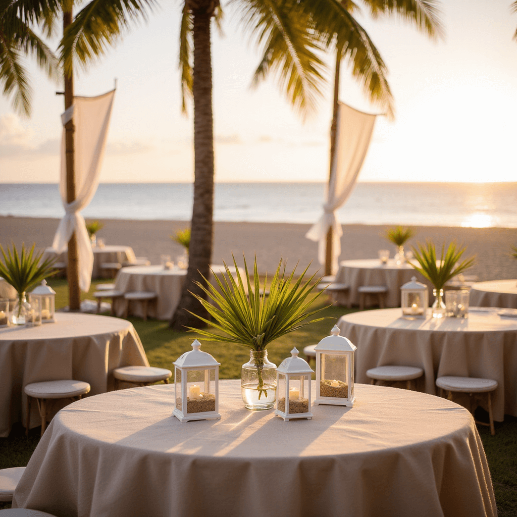A seaside celebration at sunset featuring low cocktail tables with palm fronds in glass vases, white lanterns on the beach, and ethereal curtains tied to bamboo poles, all bathed in golden light with a soft bokeh effect on the ocean.